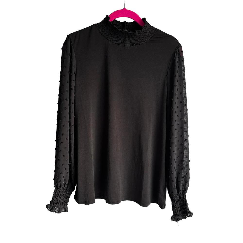 ADRIANNA PAPELL Ladies Black Dot Shirred Mock Neck Career Party Blouse, M